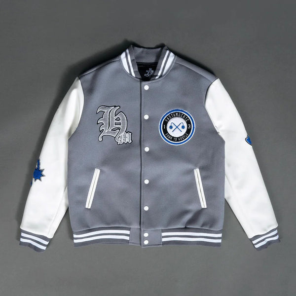 Hasta Muerte (White/Grey 'Born to hustle Letterman' Varsity Jacket)