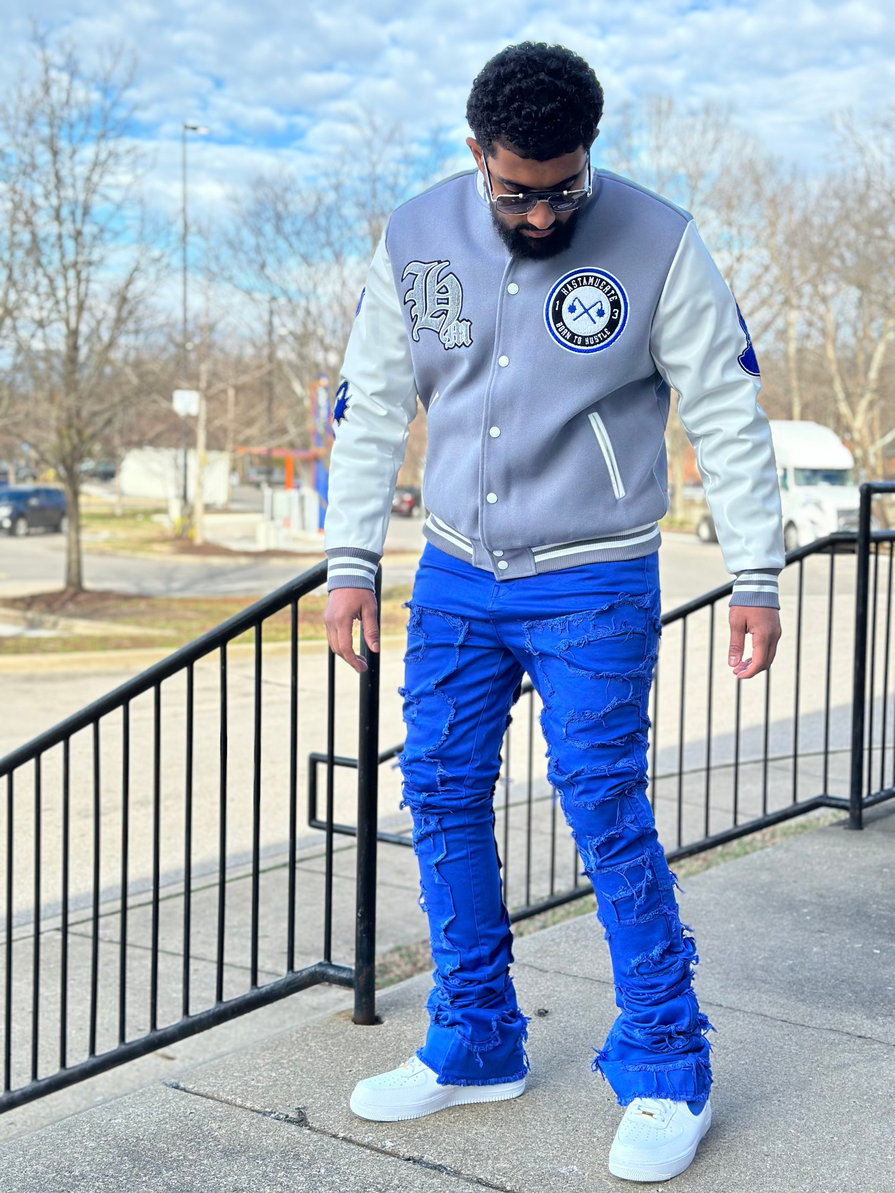 Hasta Muerte (White/Grey 'Born to hustle Letterman' Varsity Jacket