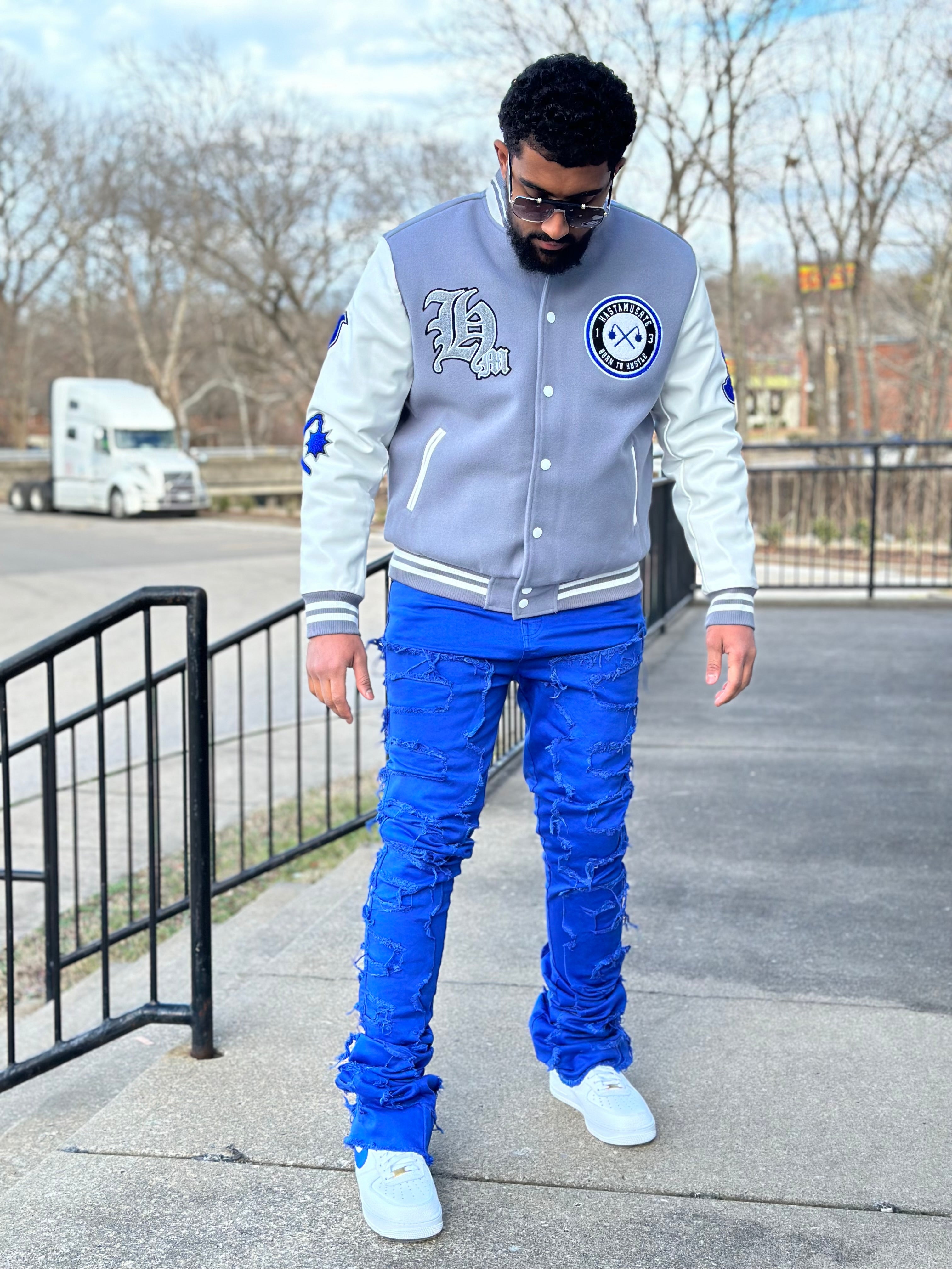 Hasta Muerte White/Grey 'Born to hustle Letterman' Varsity Jacket