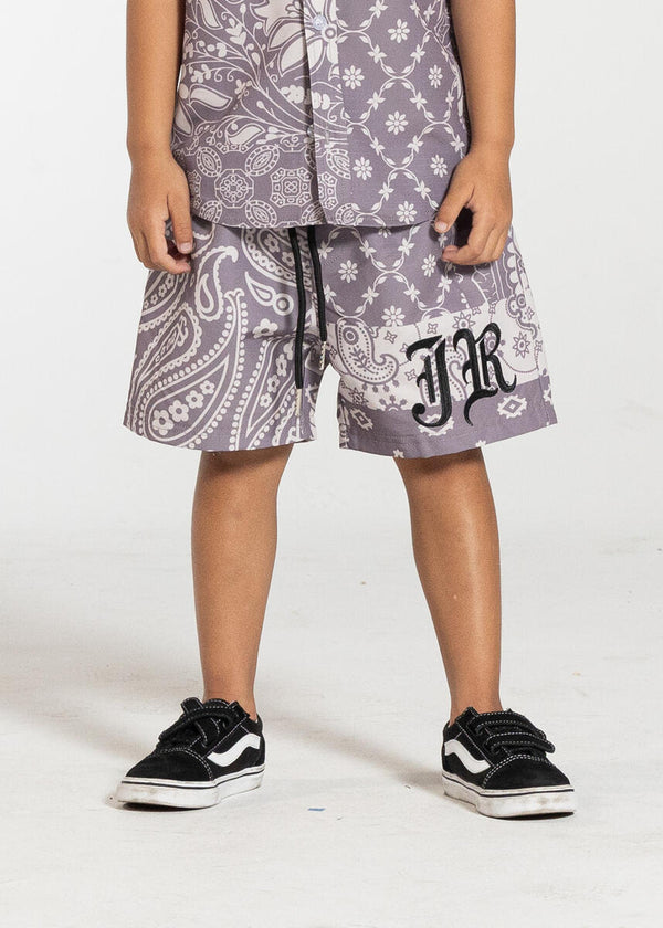 This is a young Boy wearing the Haus Of Jr kids Mauve shorts