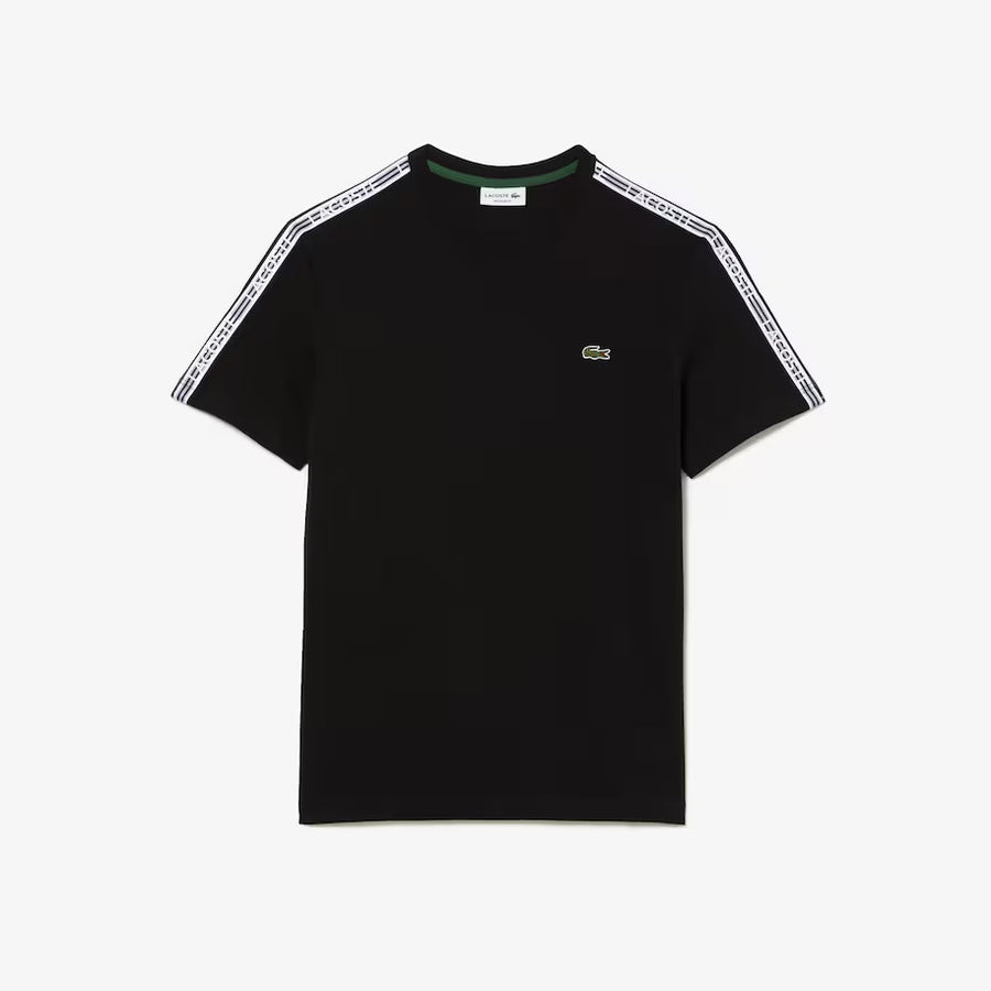 Lacoste Men s black regular fit logo stripe t shirt Vip Clothing Stores