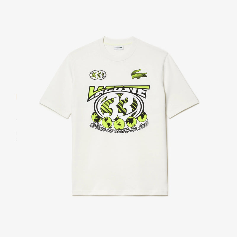 Lacoste (Men's White Loose Fit Cotton Jersey Print T-Shirt)