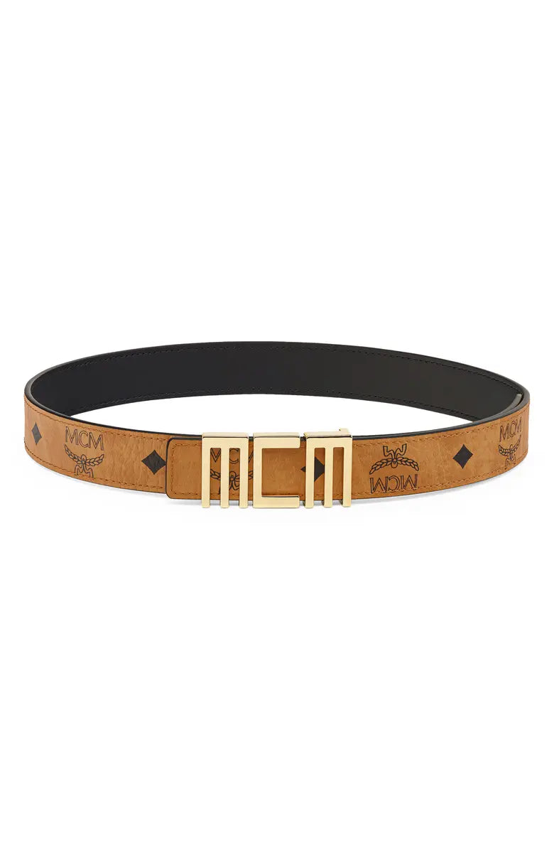 MCM (Coganc Brown/Black Reversible Faux Leather Logo Buckle Belt)