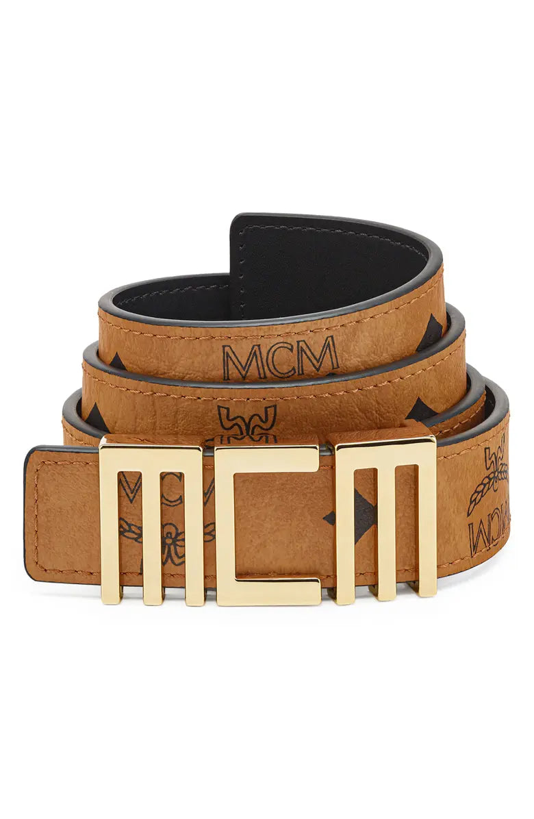 MCM (Coganc Brown/Black Reversible Faux Leather Logo Buckle Belt)