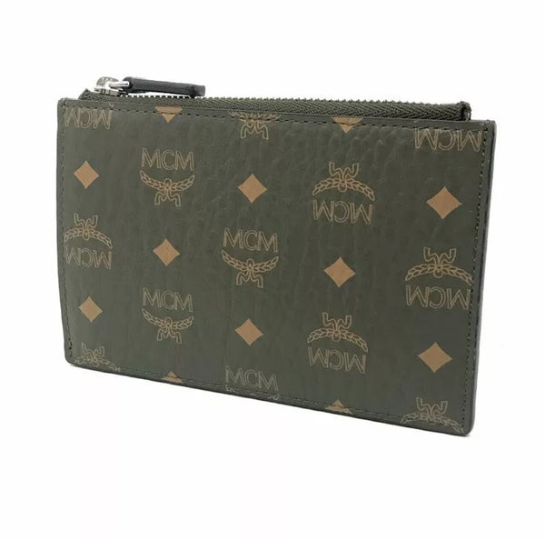 Luxury MCM monogrammed zip card holder in olive green, style MXKAAVI01JH001. Featuring a durable leather finish with iconic MCM logos and diamond accents, perfect for securely holding cards and small essentials.