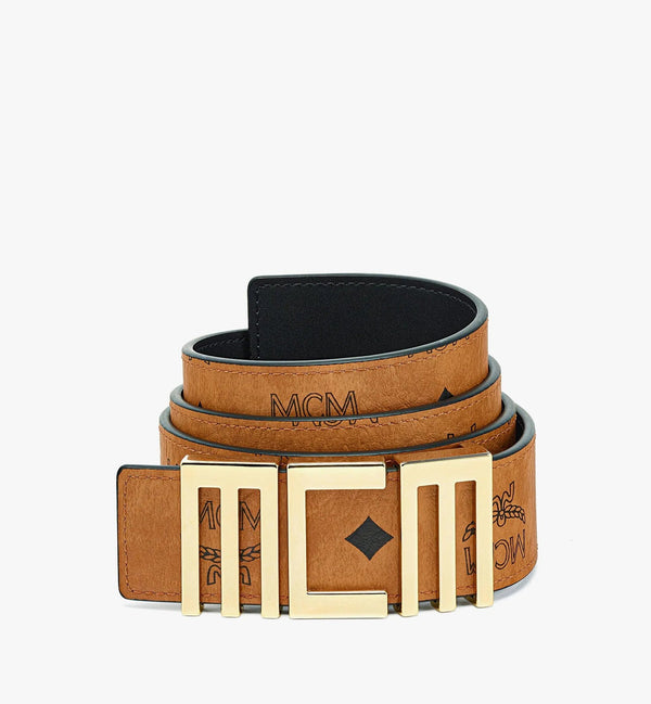 MCM (Coganc Brown/Black Reversible Faux Leather Logo Buckle Belt)