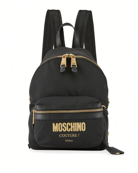 black and gold leather backpack mens Moschino Men's Nylon Logo Backpack Black