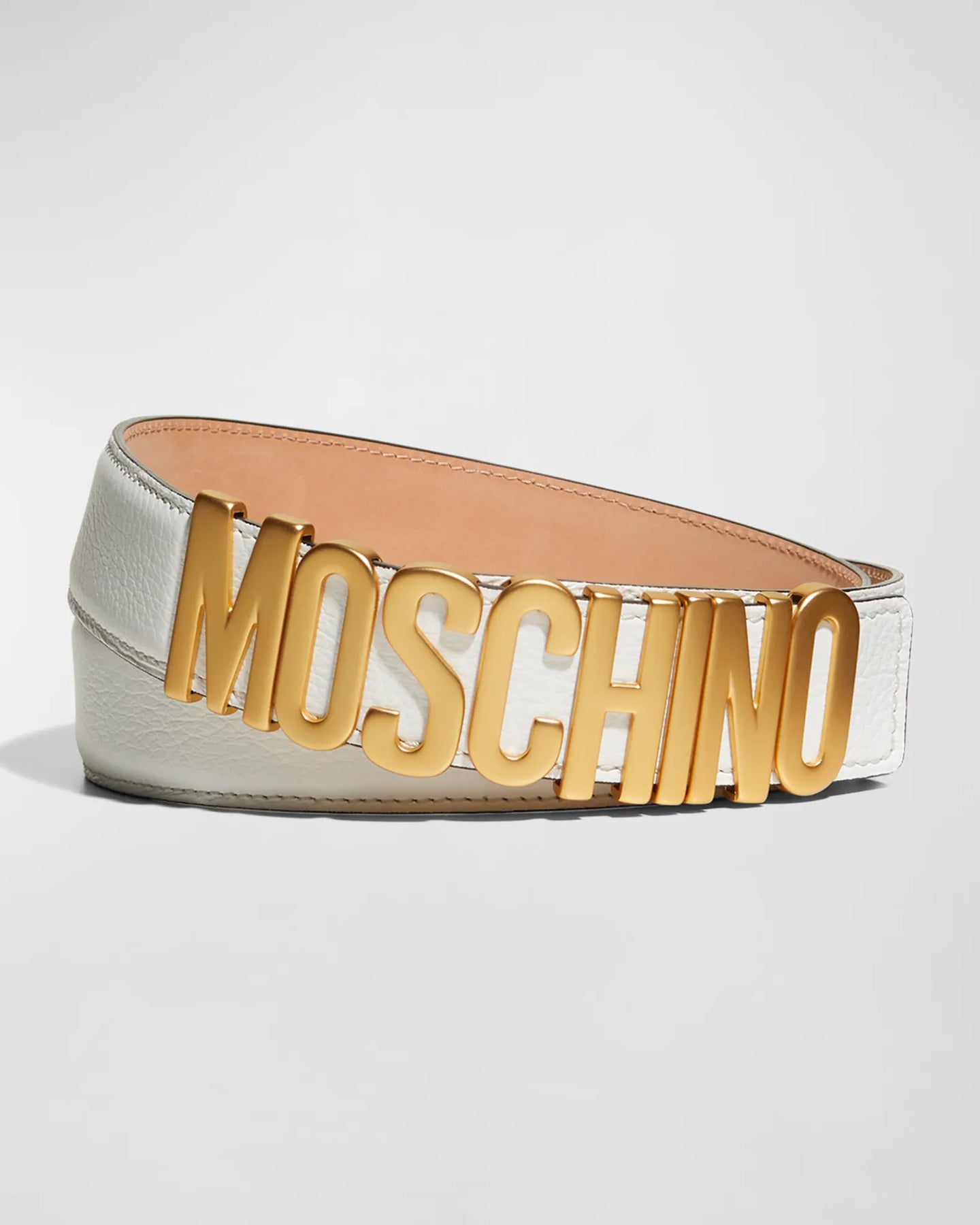 Moschino (White/Gold Leather Logo Belt) – VIP Clothing Stores Moschino (White/Gold Leather Logo Belt) – VIP Clothing Stores