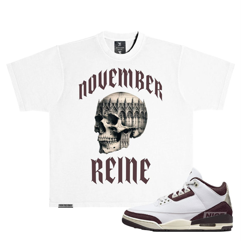 November reine (white/plum “cathedral skull t-shirt)