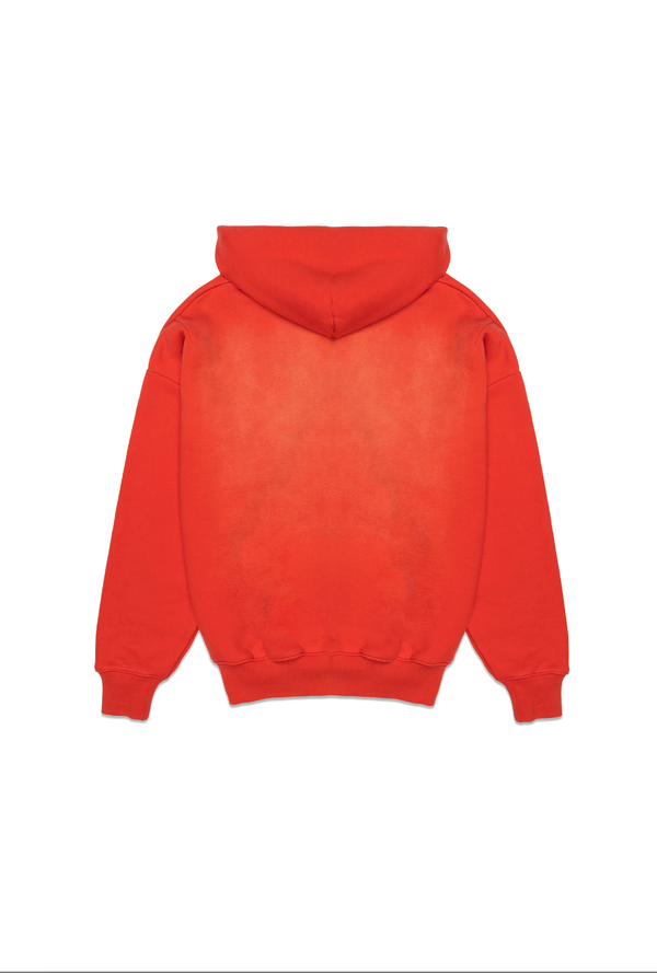 Back view of the red heavyweight fleece hoodie by Purple Brand, showcasing its minimalist design with no additional prints or logos. The hoodie features an oversized fit with dropped shoulders, a relaxed silhouette, and ribbed cuffs and hem for a comfortable wear.