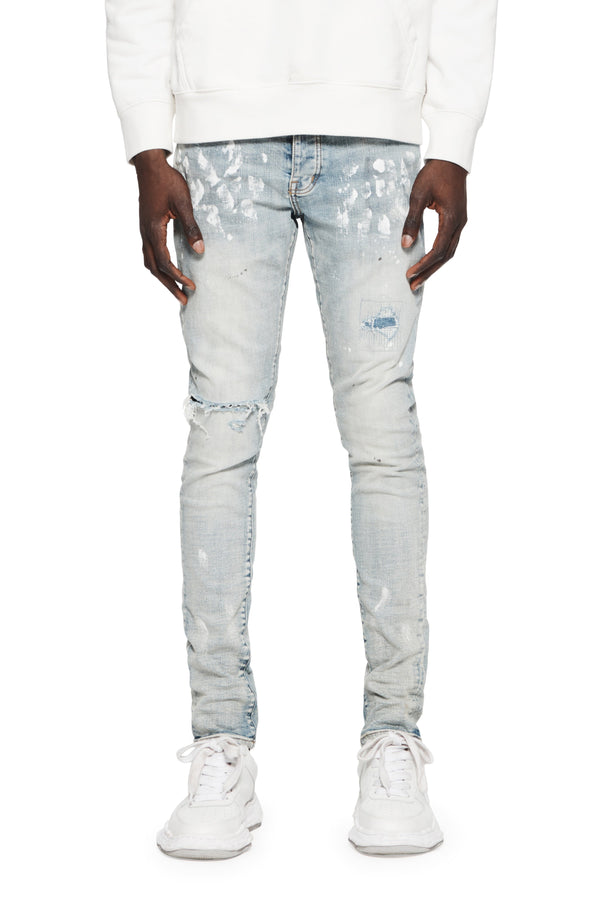 Purple brand light indigo paint blowout jean