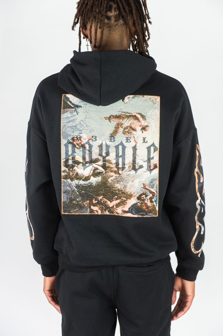 Rebel minds Black fleece hoodie tapestry patches