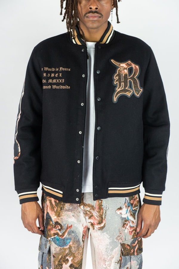 Rebel Minds (Black Melton varsity tapestry patches jacket)