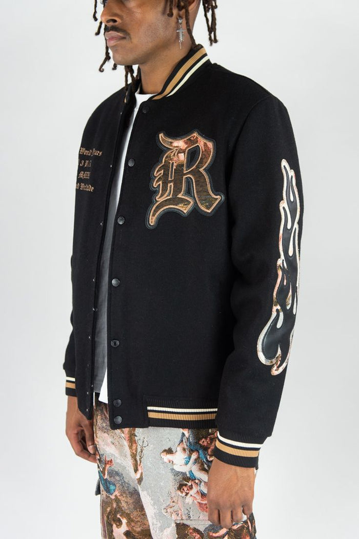 Rebel Minds (Black Melton varsity tapestry patches jacket