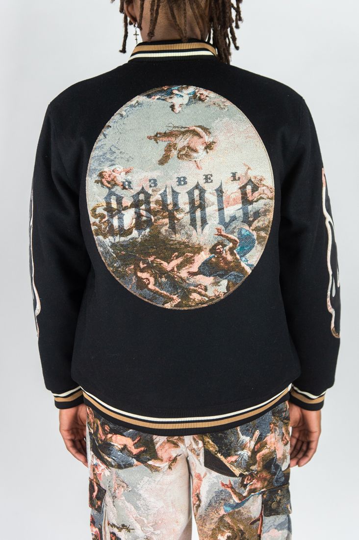 Rebel Minds (Black Melton varsity tapestry patches jacket)