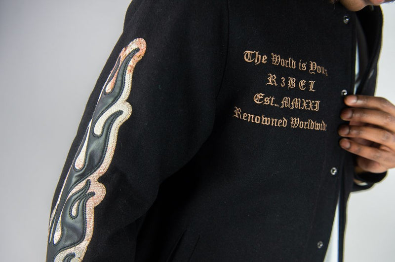 Rebel Minds (Black Melton varsity tapestry patches jacket)