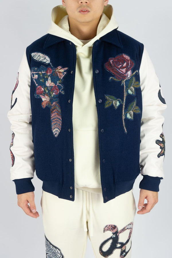 Rebel minds Royal melton pu varsity tapestry patches jacket