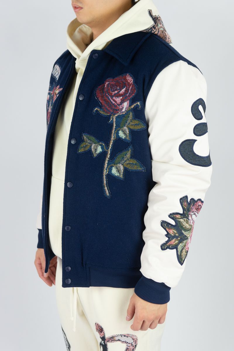 Rebel minds Royal melton pu varsity tapestry patches jacket