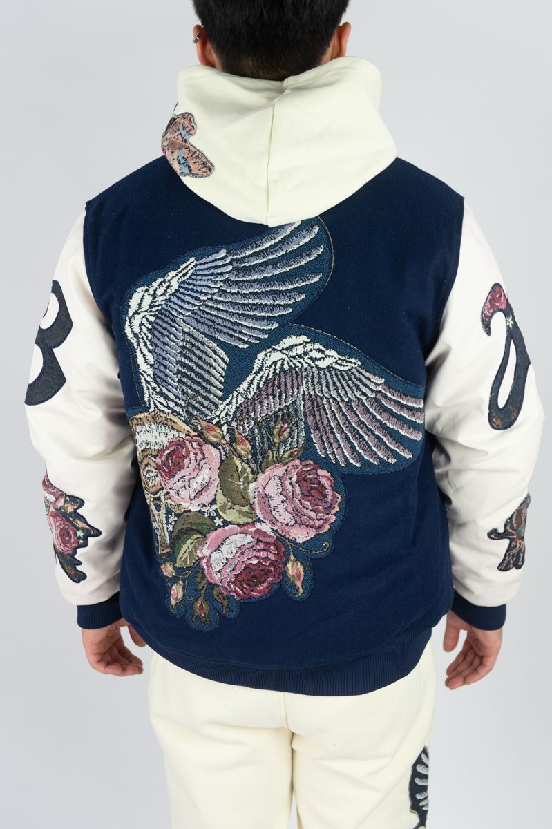 Rebel minds Royal melton pu varsity tapestry patches jacket