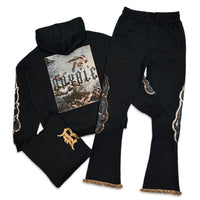 Rebel Denim Black Royal tapestry patches stacked jogging set
