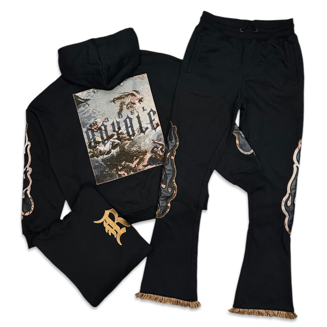 Rebel Denim Black Royal tapestry patches stacked jogging set