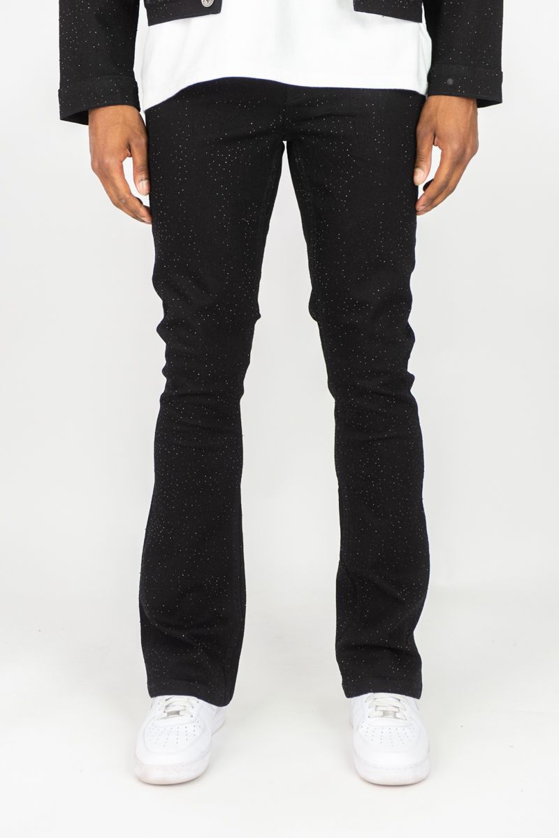 Rebel Denim black rhinestone stacked flare jean