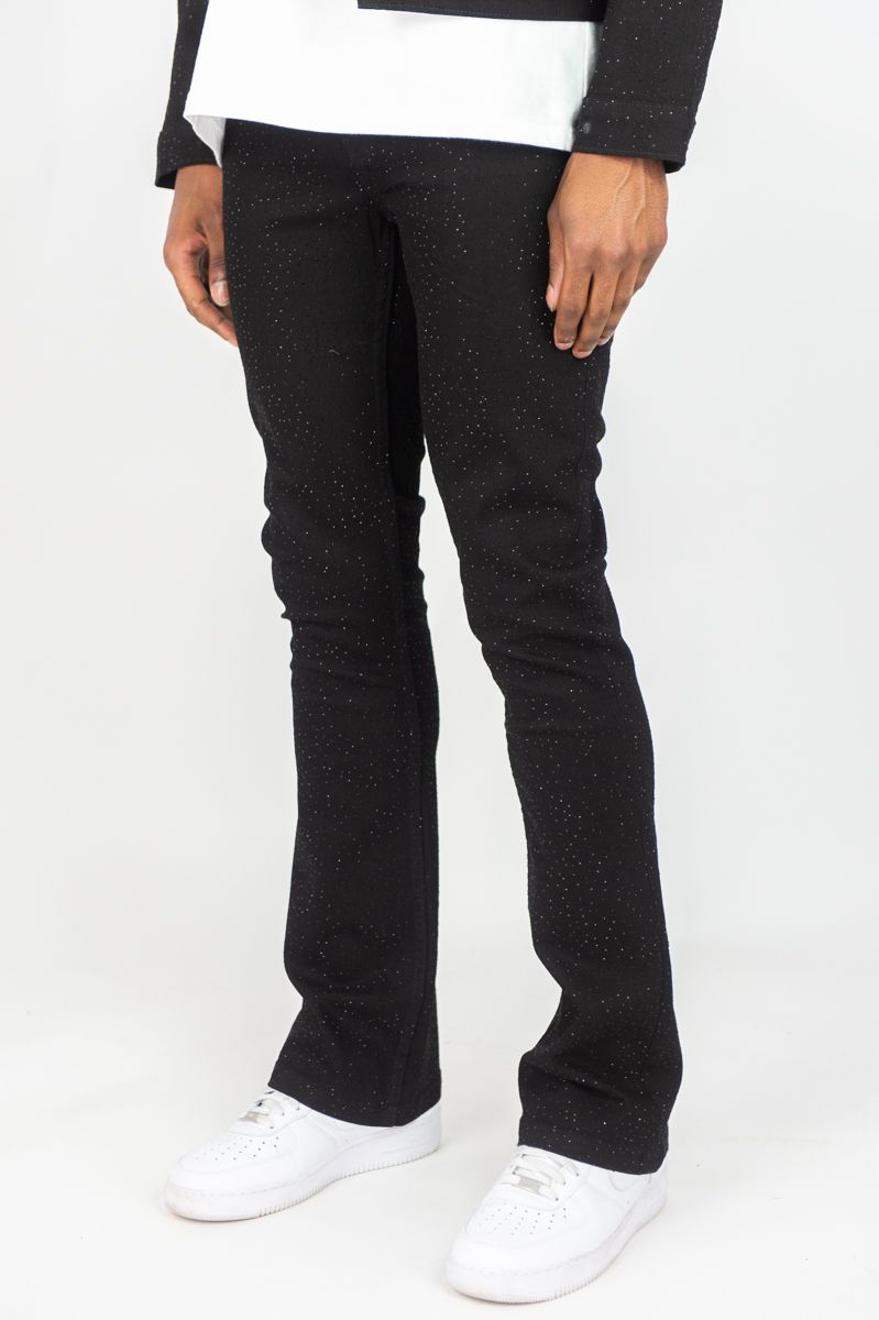 Rebel Denim black rhinestone stacked flare jean