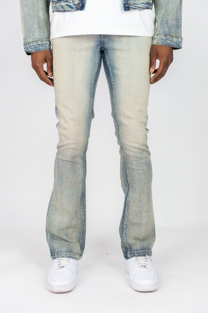 Rebel Denim light vintage rhinestone stacked flare jean