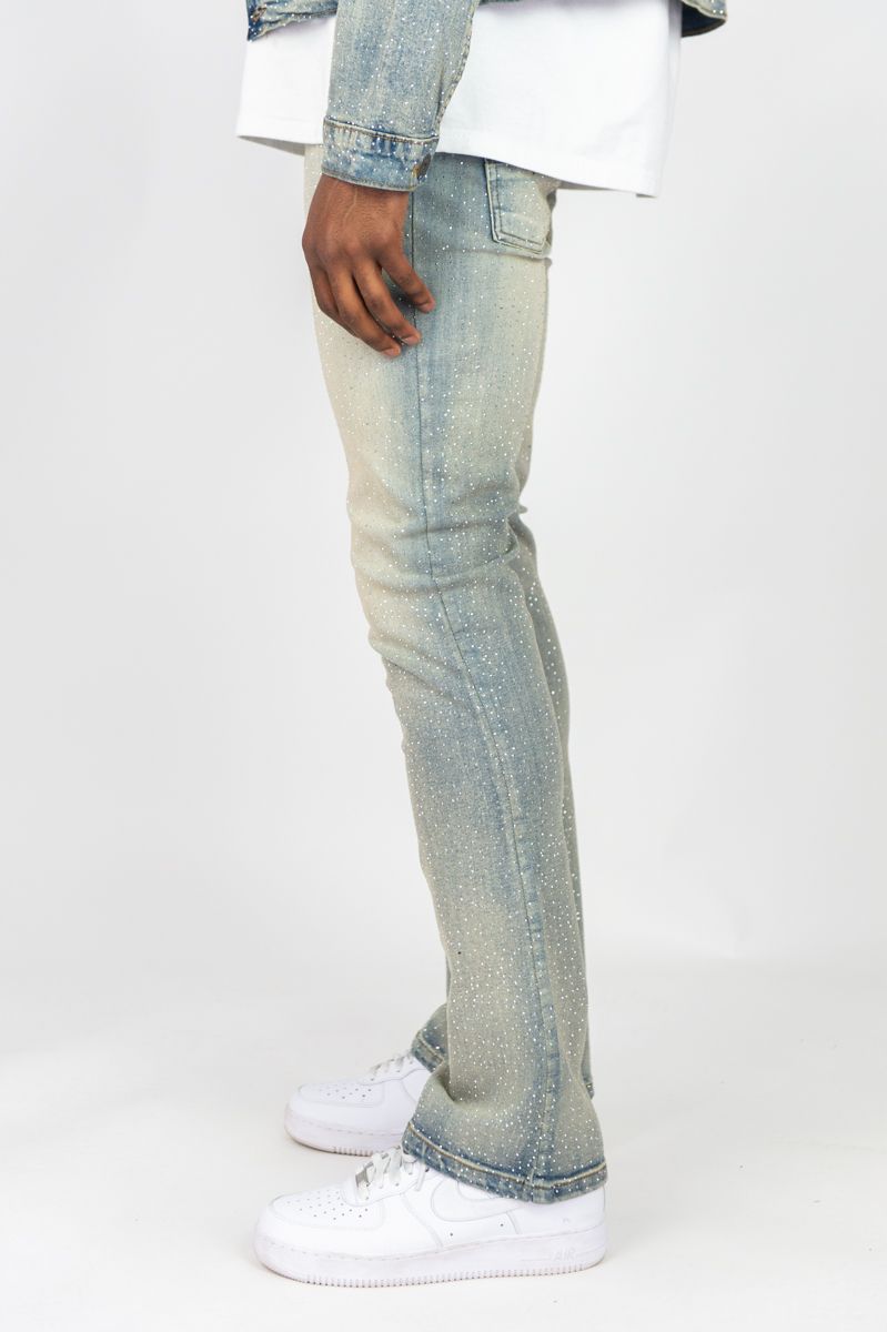 Rebel Denim light vintage rhinestone stacked flare jean