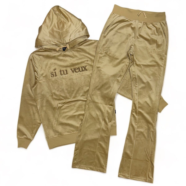 Si Tu Veux Denim (Tan Velvet Stack Jogging Set)