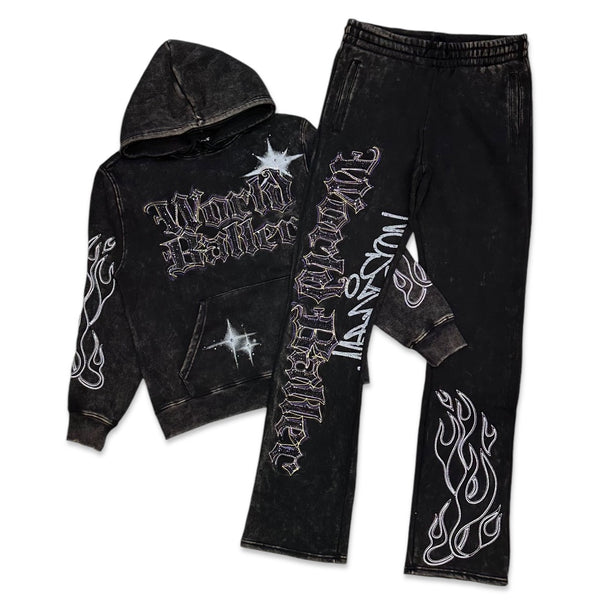 Smoke rise (Black wash Rhinestone dystopia stacked jogging set)