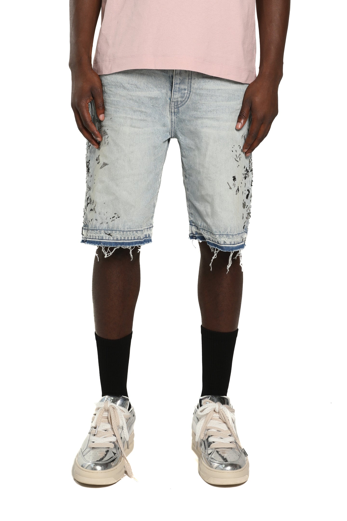 Purple Brand Beaded Splatter Shorts Light Indigo