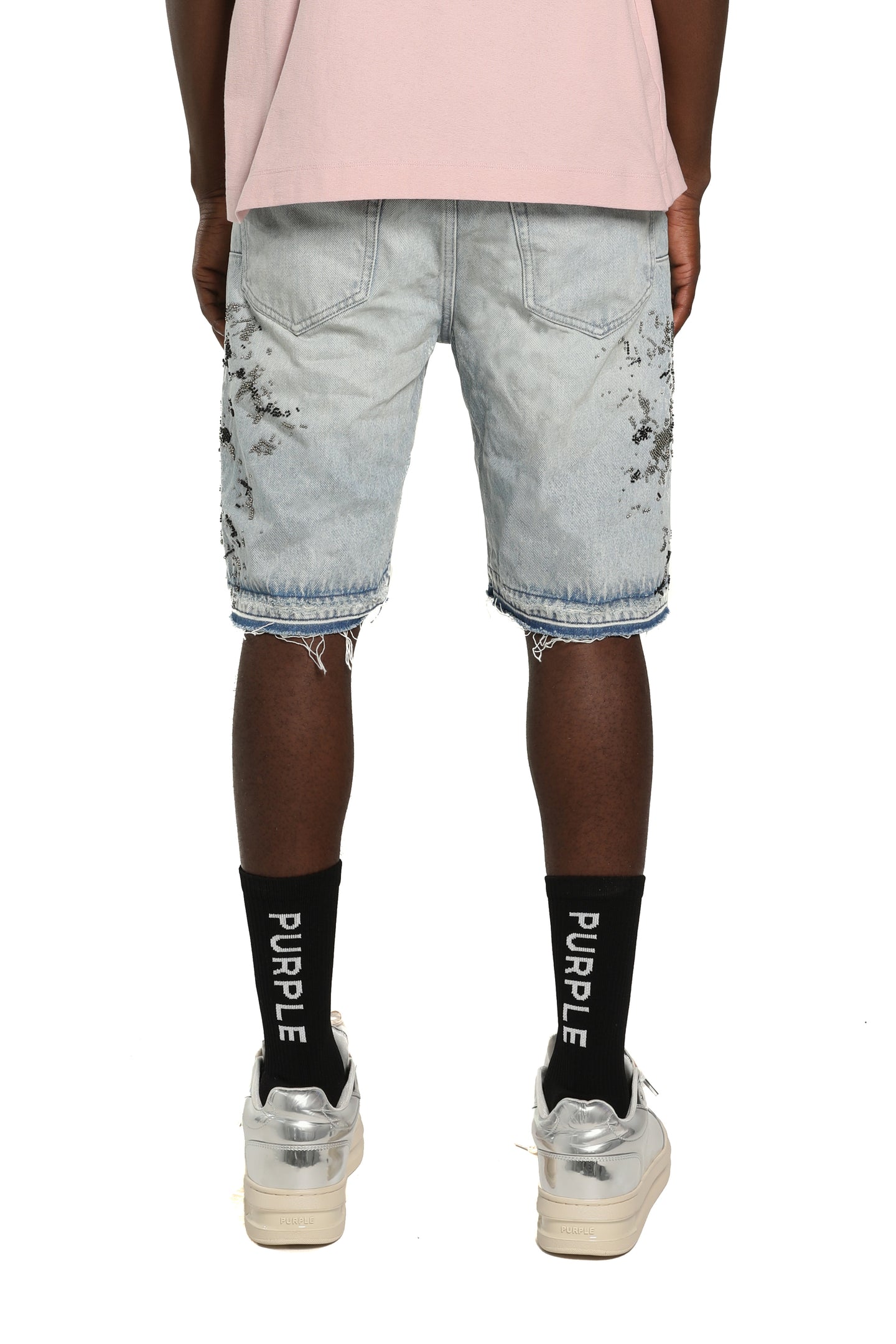 Purple Brand Beaded Splatter Shorts Light Indigo