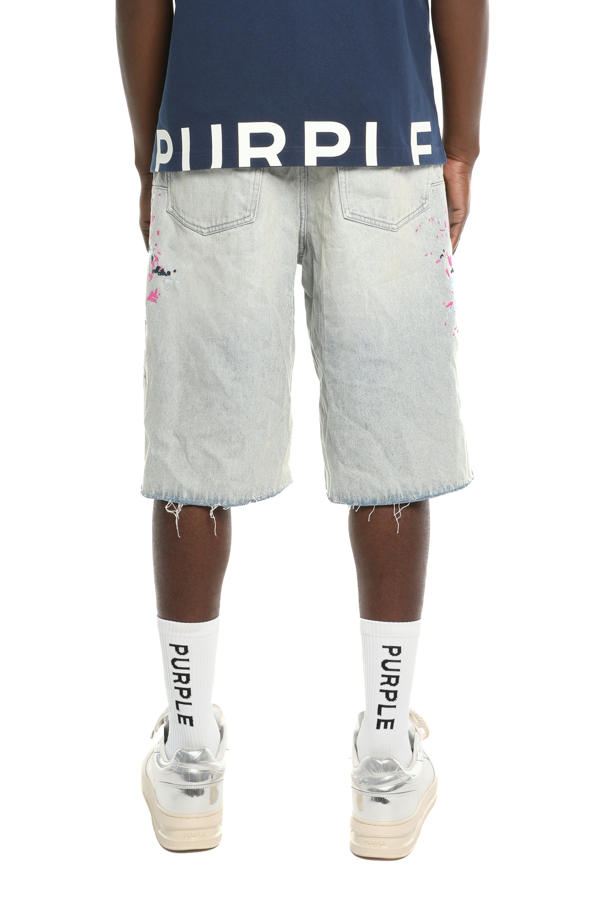 Purple Brand Splatter Embroidery Shorts Light Indigo