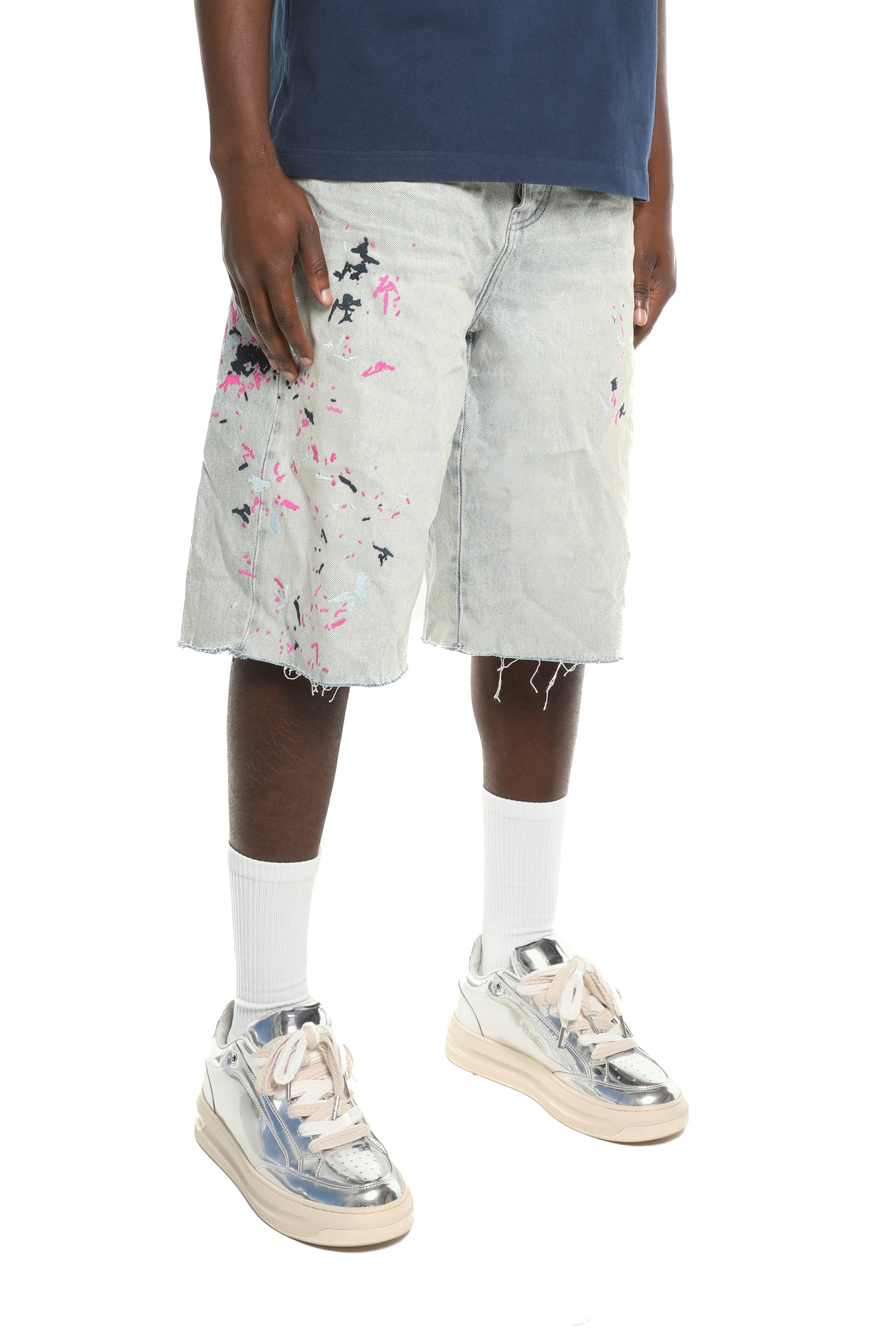 Purple Brand Splatter Embroidery Shorts Light Indigo