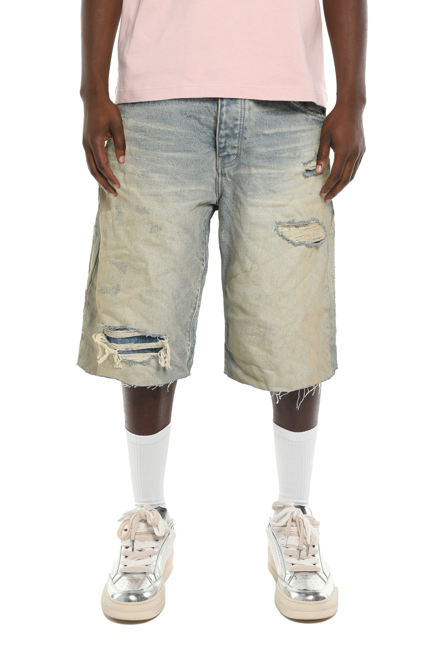 Purple Brand Antique Destroyed Tinted Shorts Light Indigo