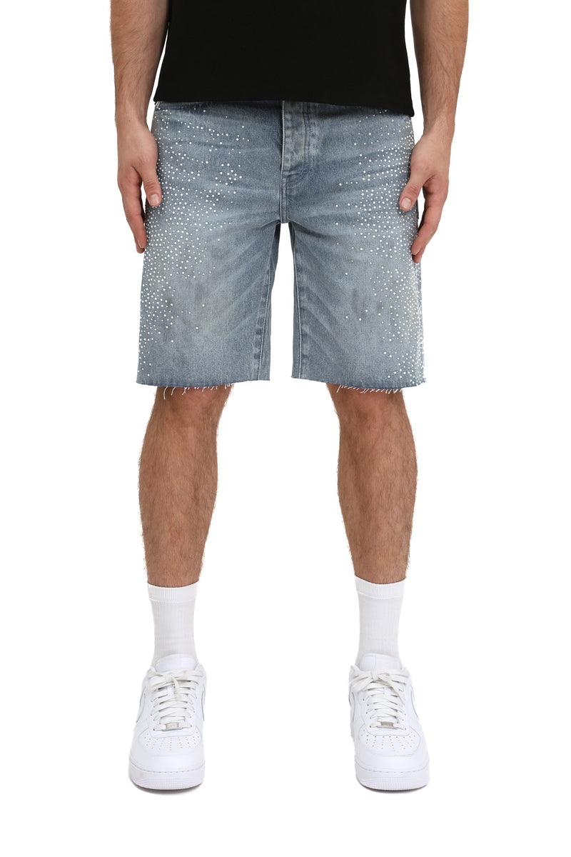 Purple brand Hotfix Pearls Worn Denim Shorts light indigo
