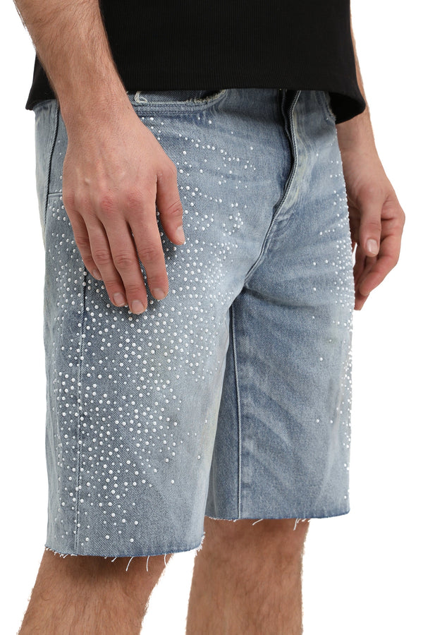 Purple brand Hotfix Pearls Worn Shorts light indigo