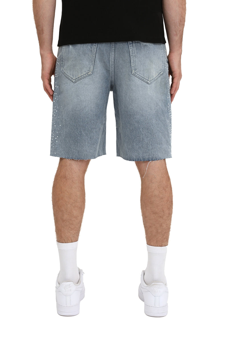 Purple brand Hotfix Pearls Worn Denim Shorts light indigo