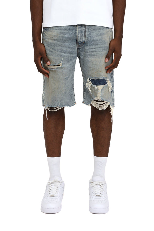 Purple brand faros rip patched shorts light indigo