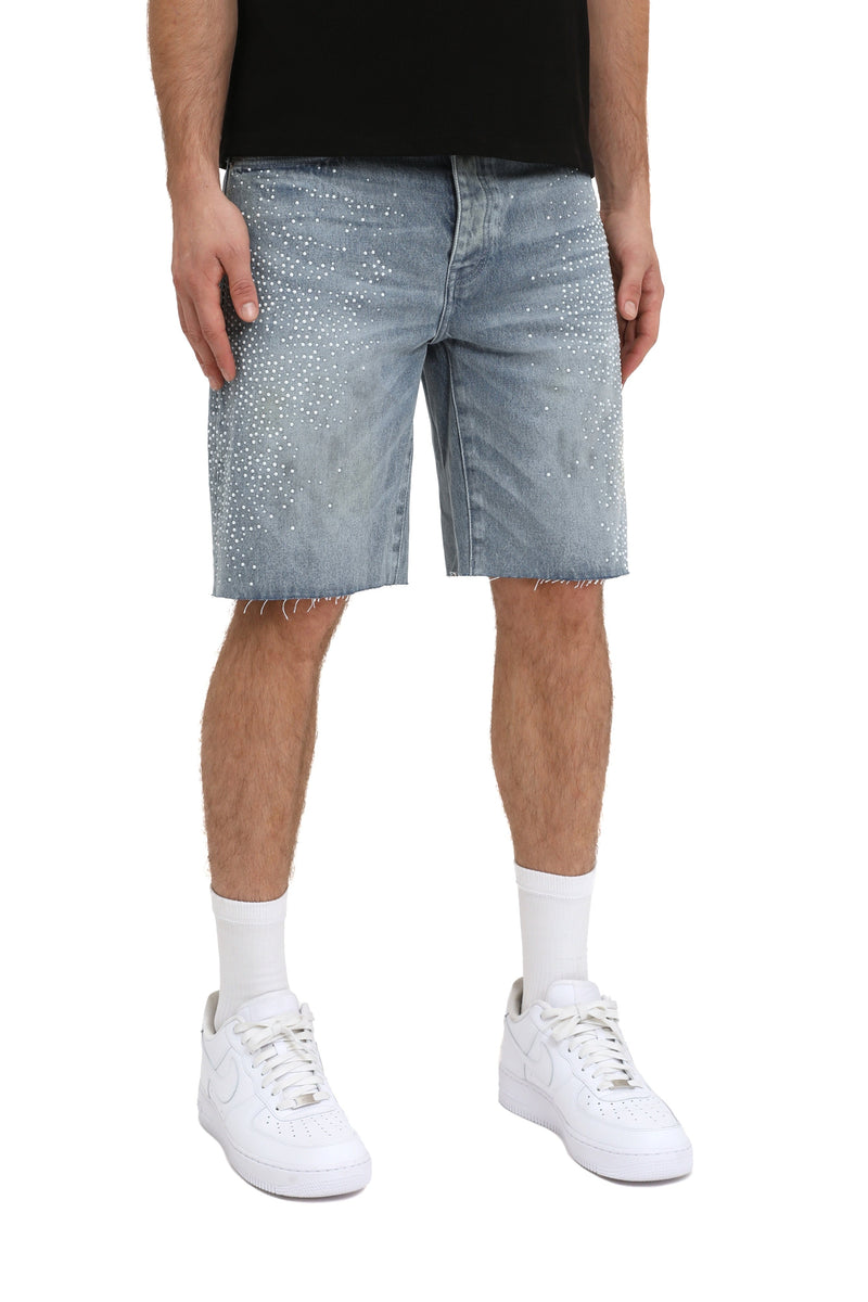 Purple brand Hotfix Pearls Worn Denim Shorts light indigo