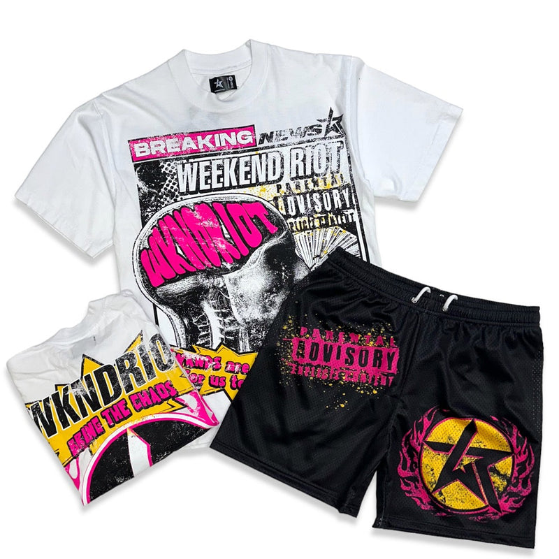 Wknd Riot (White 'Parental Advisory' short set)