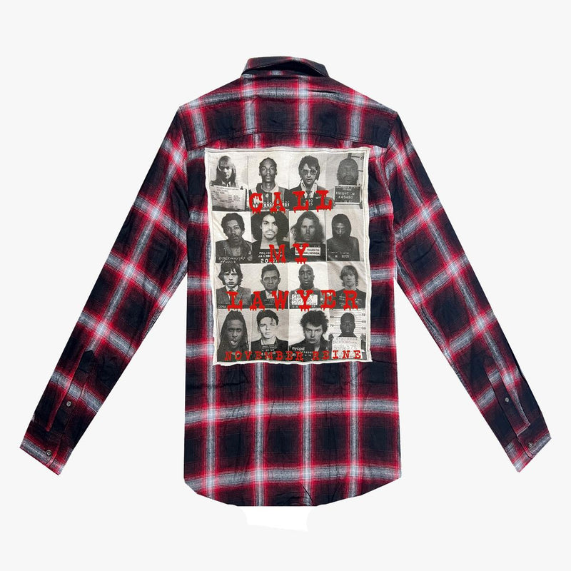November reine (red/grey "call my lawyer flannel button down)