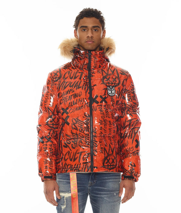 Cult of individuality (orange men's duck down puffer fur jacket)