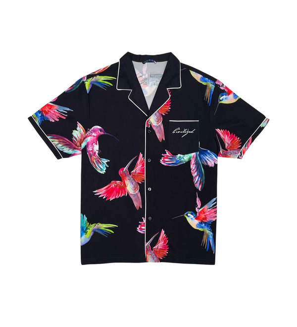 civilized (black "colorful birds button up )