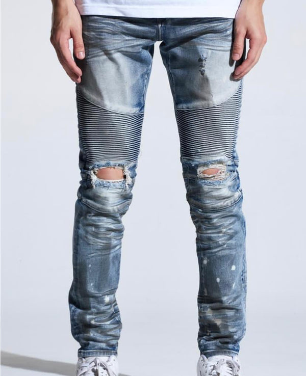 Crysp denim (blue sky walker dirty indigo biker jean -107)