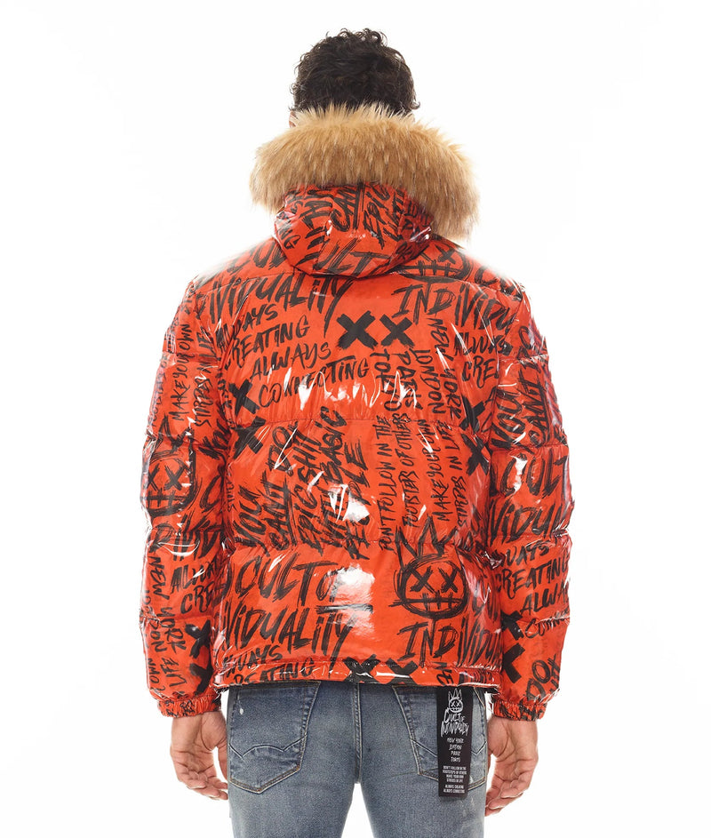 Cult of individuality (orange men's duck down puffer fur jacket)