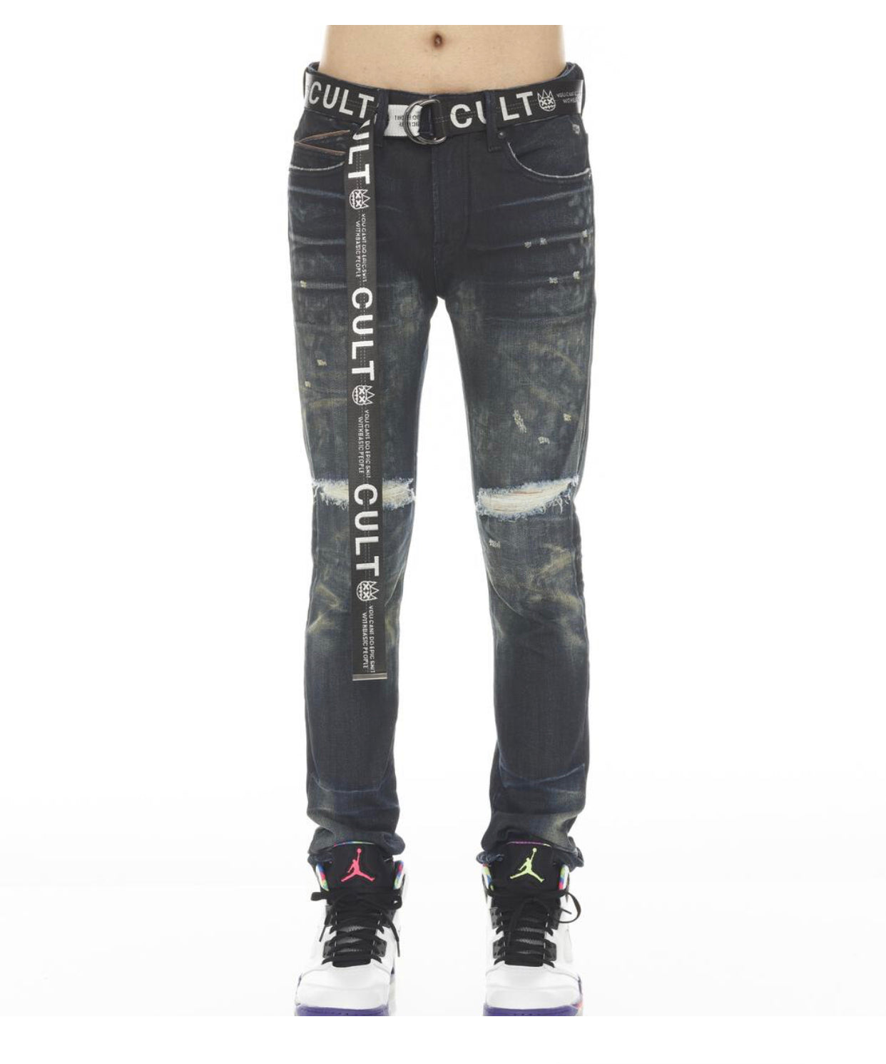 Cult of individuality (blue neko pink  super skinny stretch acai belt jean)