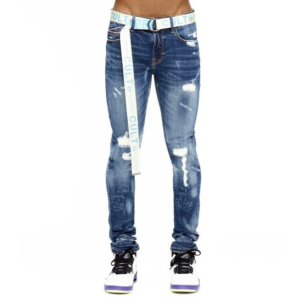 Cult of individuality (blue Roman punk super skinny belt jean)