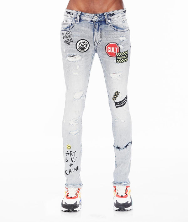 Cult of individuality (light blue graffiti super skinny denim jean)